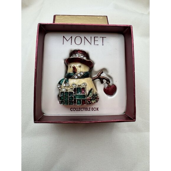 MONET SNOWMAN Collectible Enamel Rhinestone Keepsake Trinket Box with Gift Box - Picture 1 of 6